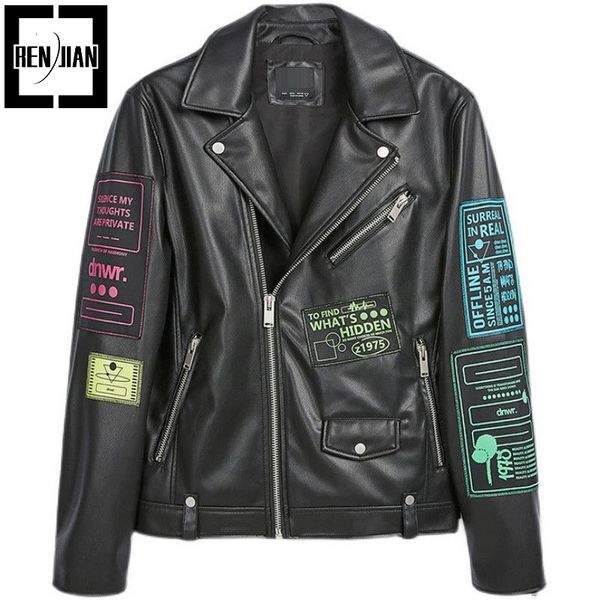 Jaquetas masculinas Erenejian Moda Couro Biker Jaqueta com Patches Hi Street PU Motocicleta Racer Outerwear Tops Marca Designer 230824