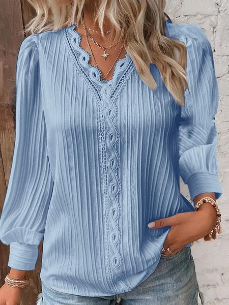 Männer Pullover Frauen Bluse 2023 Frühling Solide V-ausschnitt Spitze Dekoration Aushöhlen Design Mode Elegante Lose Chic Casual Büro Dame