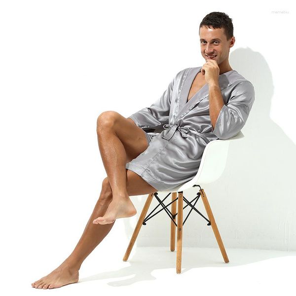 Homens sleepwear homens com capuz robe verão nightwear cetim homewear sólido quimono roupão vestido com cinto fino solto lingerie íntima