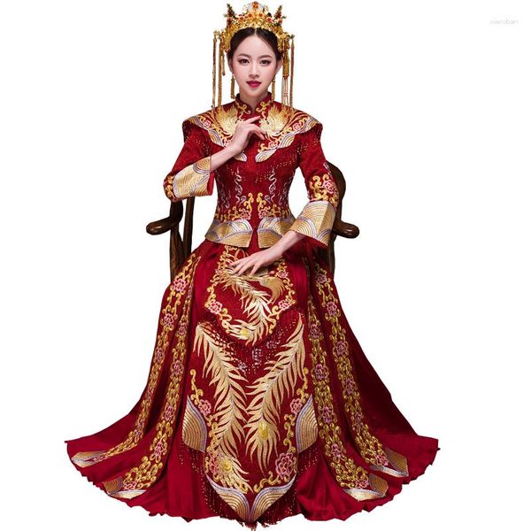 Abbigliamento etnico Donna Cheongsam Sposa Matrimonio Qipao Lusso Rosso ricamato Phoenix Abito da sera cinese Abito da matrimonio classico orientale