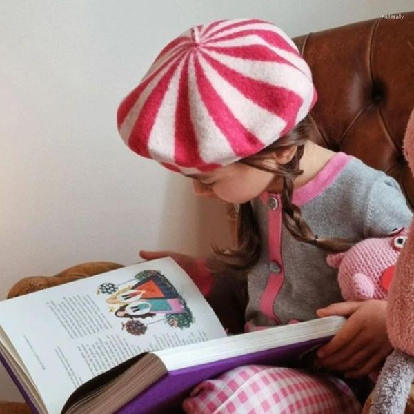 Berets Kinder Süße Wolle Baskenmütze Für Mädchen Herbst Winter Nette Warme Gestreifte Candy Hut Mode Persönlichkeit Prinzessin Maler