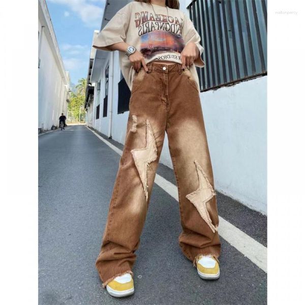 Jeans da donna Pantaloni a gamba dritta stile street style di nicchia kaki retrò per donna con vita alta hip-hop ampia estate sottile