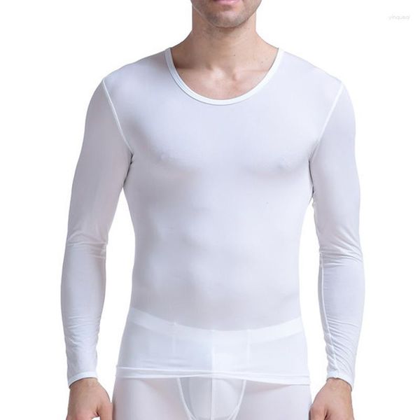 Maglioni da uomo Canotte da uomo Manica lunga T-shirt trasparenti in seta di ghiaccio T-shirt trasparenti ultrasottili Top fitness Indumenti da notte maschili Ondershirts