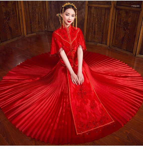 Roupas étnicas Noiva Vermelha Cheongsam Vintage Estilo Chinês Casamento Vestido de Noite Bordado Phoenix Qipao Traje Vestidos Tamanho S-XXL