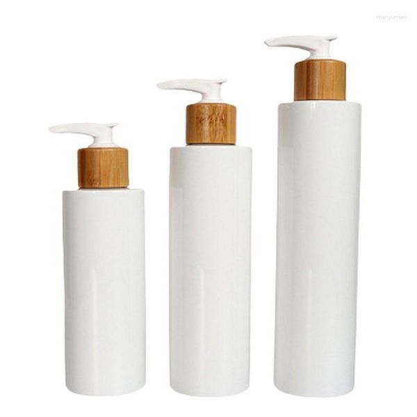 Garrafas de armazenamento Bomba de loção de madeira de bambu 200ML 250ML 300ML 10oz Recipiente recarregável Ombro plano Garrafa branca plástica vazia para shampoo