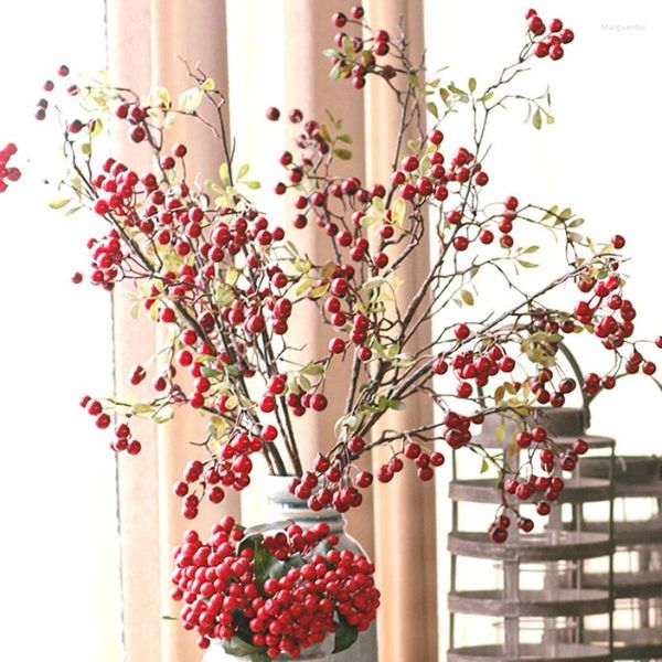 Flores decorativas 1pc natal bagas artificiais ramo com folhas baga frutas falsas flores para casa vaso decoração jardim ao ar livre