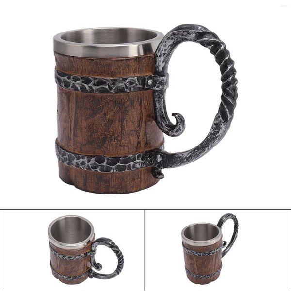 Canecas Viking Caneca de cerveja com alça 304 aço inoxidável parede dupla imitação de madeira medieval tankard para bar restaurante decoração de casa