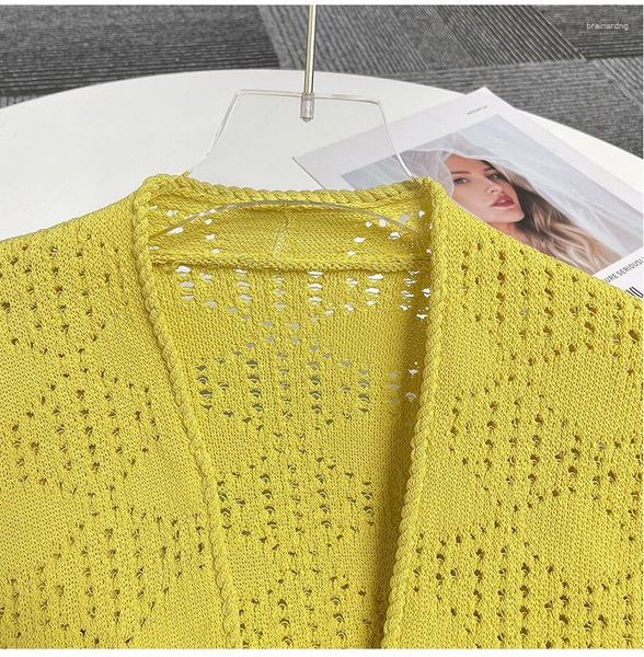 Cardigan da donna in maglia stile M alla moda per donna, colore giallo, scava fuori, maglione, cintura da donna, maglioni