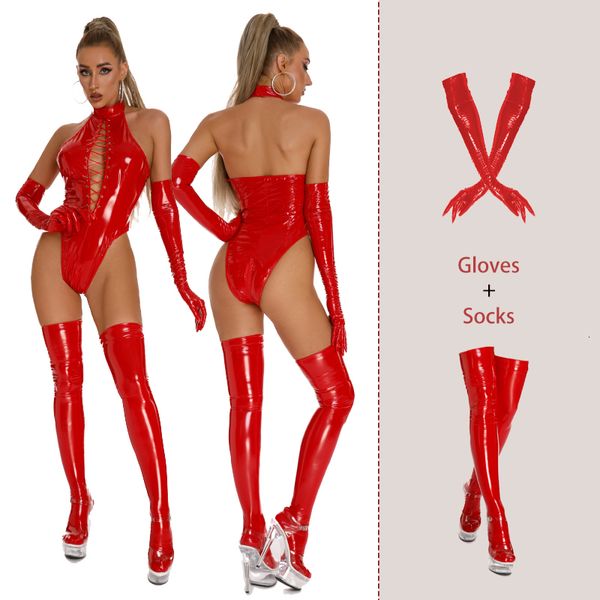 Set sexy AIIOU Body bondage sexy in pelle di lattice Bendaggio per donna Backless Costume erotico per il corpo Orsacchiotti Body con guanti e calzini 230825