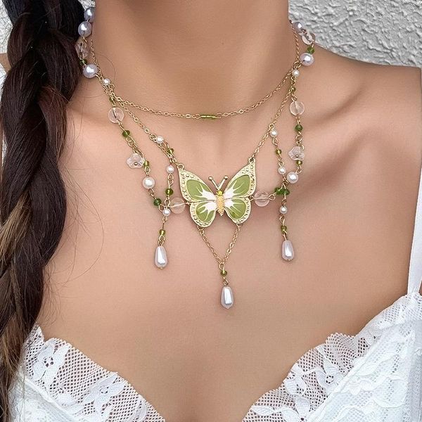 Anhänger Halsketten Fee Grüner Schmetterling Kristall Metall Halskette Für Frauen Mädchen Choker Gefälschte Perle Perlen Süße Coole Y2K Schmuck