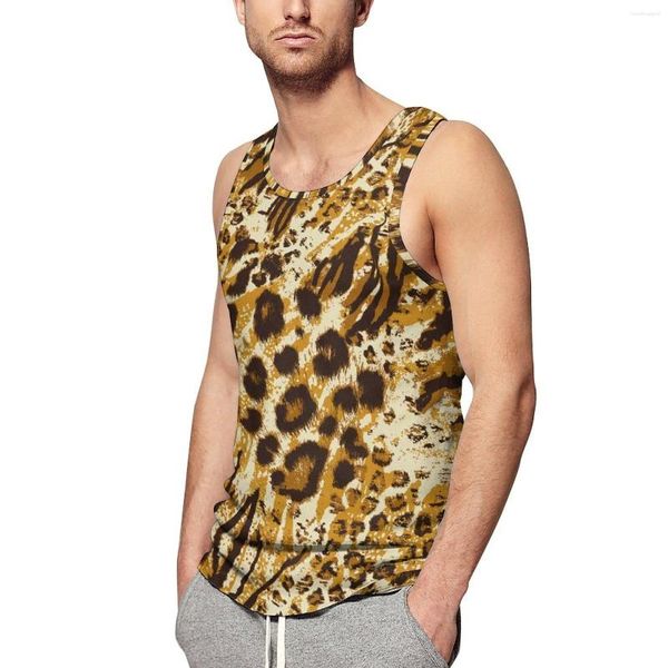 Canotte da uomo Top con stampa leopardata dorata Top con motivo animale maschile Camicie senza maniche oversize con grafica estiva da allenamento