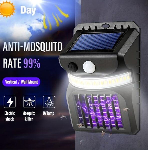 Lâmpada de parede solar para assassino de pragas 365NM UV Luz fluorescente Bug Zapper Iluminação anti mosquito Luz solar Mosquito Zapper para jardim de fazenda Stree ao ar livre