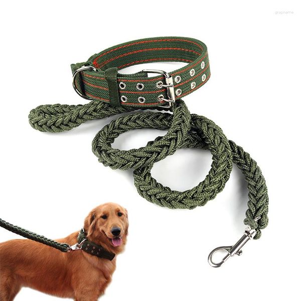 Hundehalsbänder L/XL, superstarke Leine aus grobem Nylon, armeegrünes Segeltuch, zweireihig, verstellbares Halsband für mittelgroße und große Pitbulls