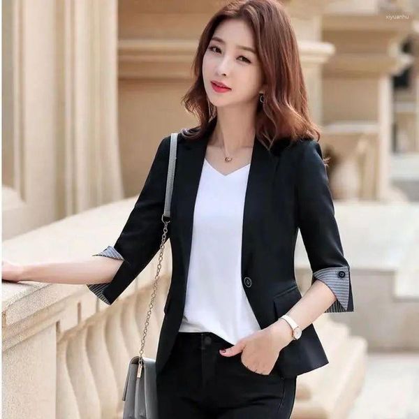 Ternos femininos blazer formal coreano outono elegante escritório senhoras terno casaco moda bolsos soltos botão casual listrado design de punho