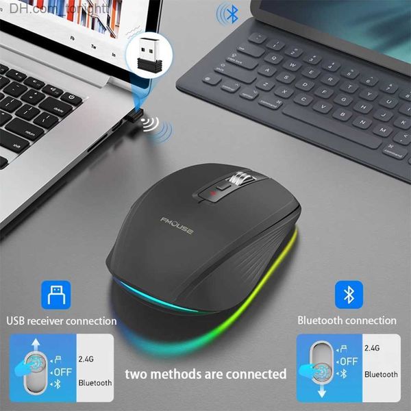 Mouse wireless Bluetooth 2.4G ricaricabile a doppia modalità Mouse muto RGB per Windows Mac IOS Android Laptop Tablet Telefono Q230825