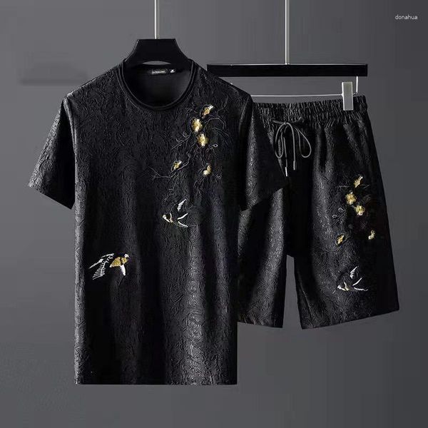 Männer T Shirts Hohe Qualität Casual Sport Anzug Sommer Trend Persönlichkeit Pflaume Stickerei Dünne Koreanische Shorts Kurzarm Zwei-stück