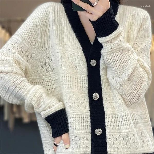 Frauen Strick 2023 Frühling Herbst V-ausschnitt Strickjacke Jacken Kleidung Kontrast Farbe Pullover Aushöhlen Mantel Mädchen Jersey Top A824