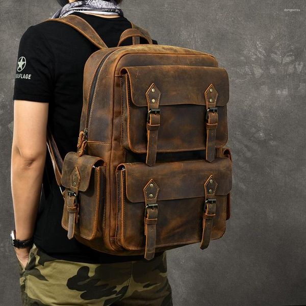 Retro Genuine Leather Men's Backpack with Large Capacity for School, Travel and Laptop - Brown waxed canvas messenger bag