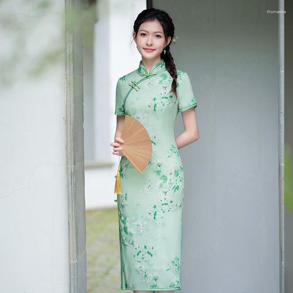 Abiti etnici Costumi tradizionali cinesi con stampa floreale verde Abiti sexy cheongsam con spacco alto e abiti aderenti