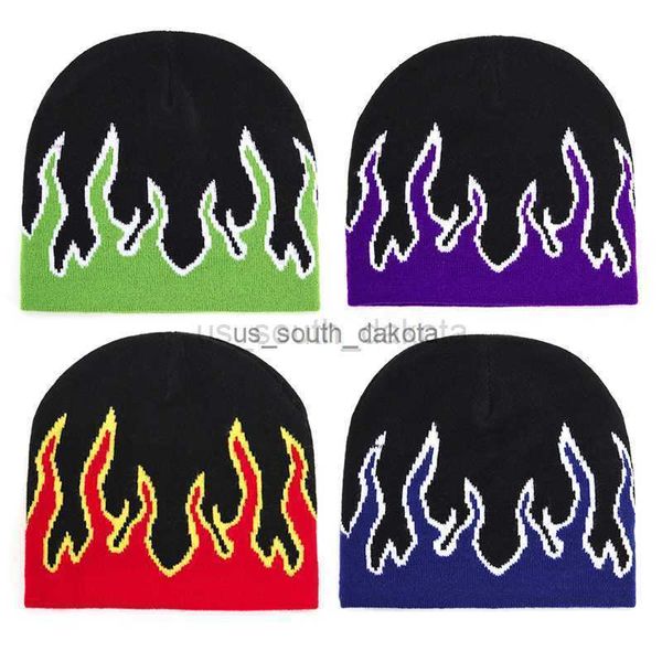 Beanie/Schädelkappen Winter Outdoor Warme Nadel Strickmütze Flammenmuster Wollmütze Straßenschädelhut Anti-Kälte-Baumwollmütze Hip-Hop-Bonnetkappen L0825