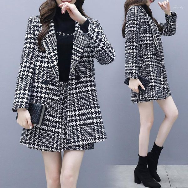 Vestidos de trabalho primavera e outono moda coreana houndstooth longo jaqueta de lã saco hip saia casual escritório ol terno feminino maré