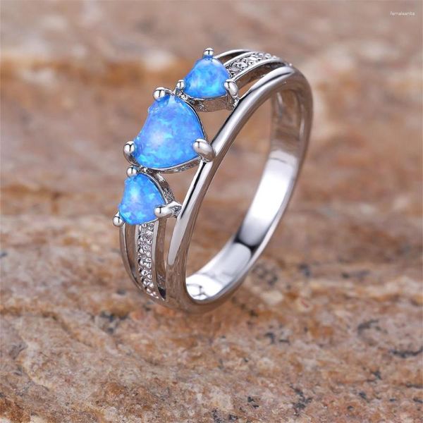 Eheringe Klassischer Drei-Stein-Weißer Zirkon-Verlobungsring Blauer Feueropal Liebesherz Für Frauen Paare Schmuck Valentinstagsgeschenke