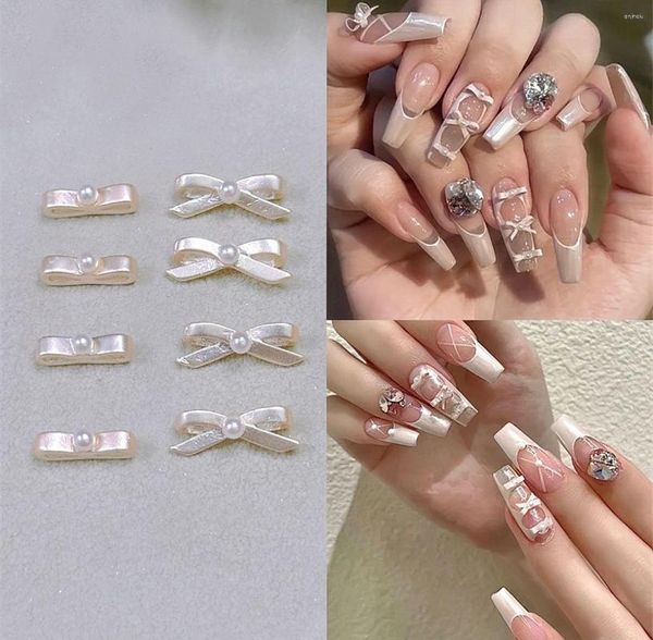 Nail Art Dekorationen 10 stücke Legierung Strass Kawaii Bowtie Geformte Perle Metall 3D Aufkleber Charms Finger Schmuck Für Salon DIY Zubehör