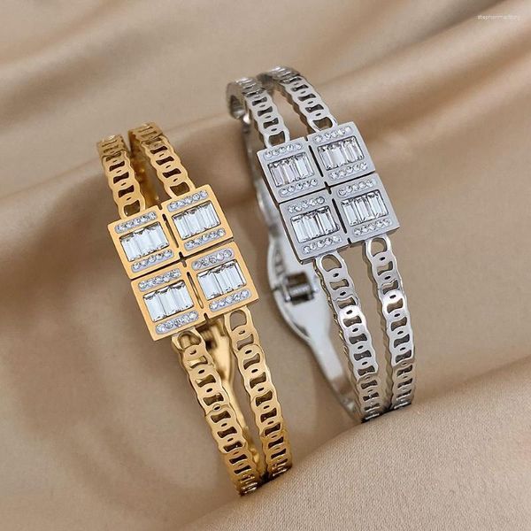 Bangle luxo aço inoxidável para mulheres homens grande quadrado cz gemstone pulseiras larga casal pulseira jóias