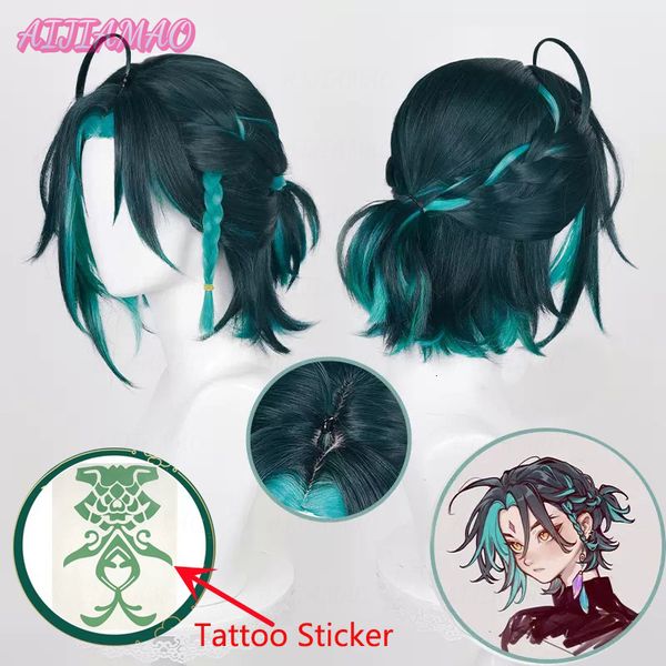 Cosplay Perücken Xiao Cosplay Perücke Spiel Genshin Impact Xiao 35 cm kurze grüne gemischte Zopfperücke hitzebeständige synthetische Cosplay Anime Perücken Perückenkappe 230824