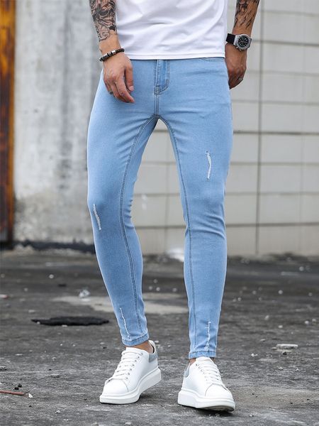 Mens Jeans Homens Stretch Skinny Masculino Designer Elastic Scratch Denim Lápis Calças Streetwear Céu Azul Moda 230824