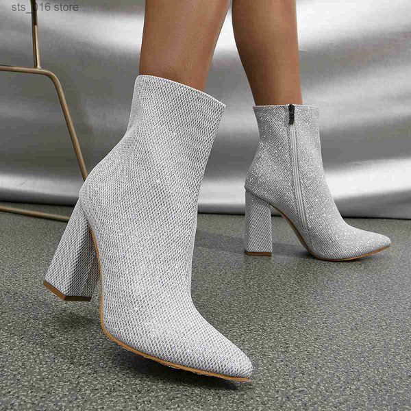 Botas xibeilove 2023 moda inverno apontou toe botas femininas lantejoulas zíper salto grosso fino branco casual salto alto tornozelo botas t230824