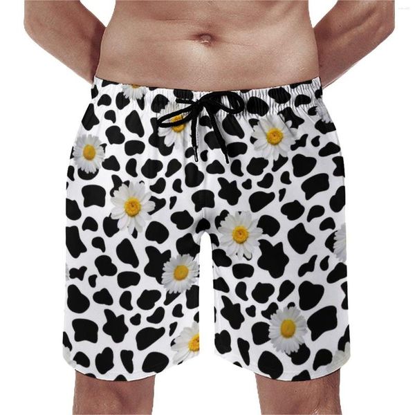 Calções masculinos margarida vaca impressão ginásio floral animal cowprint clássico praia calças curtas padrão roupas esportivas secagem rápida troncos de natação presente