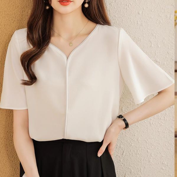 Женские блузки 2023 летние формальные женщины с твердым цветом шифоновый шифан с коротким рукавом топ мода Элегантная свободная офисная женщина блузка