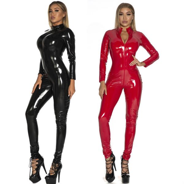 Conjunto sexy AIIOU Lencería sexy Wetlook Catsuit de cuero sintético PVC Body de látex Cremallera Mono de entrepierna abierta Mujer Trajes sexuales eróticos delgados 230825