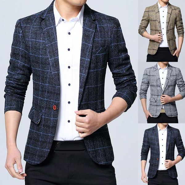 Jaquetas masculinas moda homens suave xadrez lapela slim fit jaqueta casaco um botão terno de negócios roupas de baile