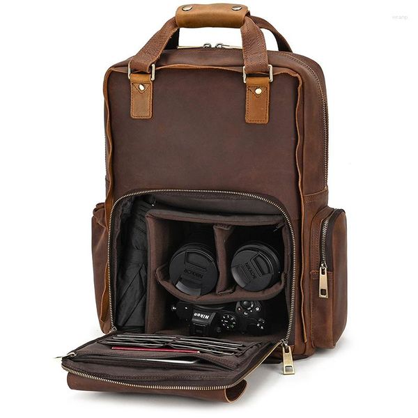 Sırt çantası luufan gerçek deri çılgın at kamera çantası vintage inek 17 inç pograper erkekler rahat seyahat sırt çantası