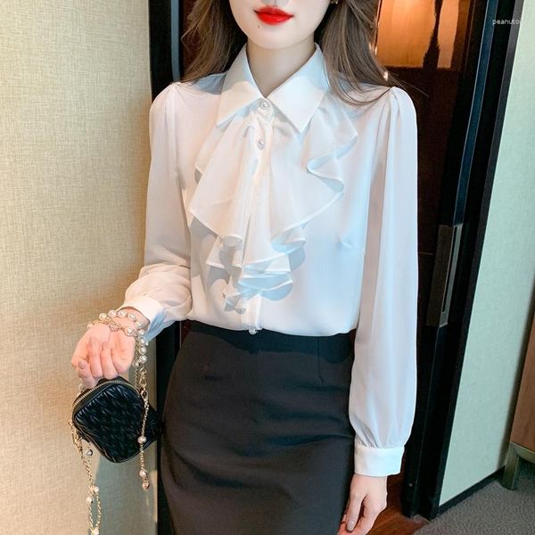 Camicette da donna Camicie di chiffon con volant bianche da donna Abbigliamento moda coreana Blusas causali Mujer Top eleganti da ufficio per donna Autunno Inverno