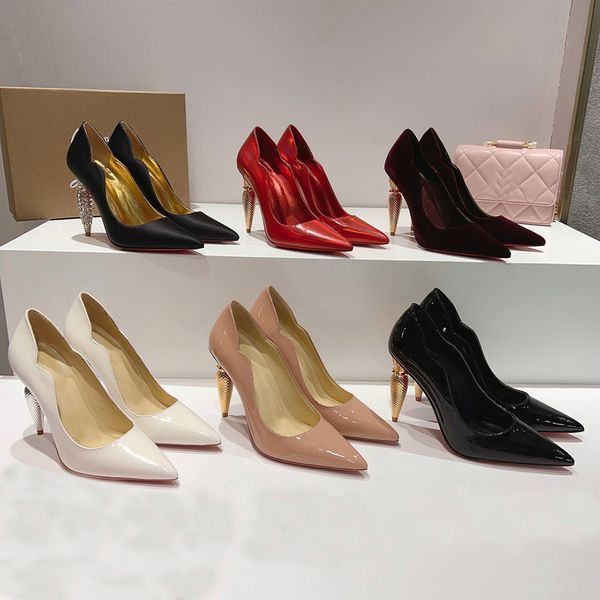 Wasser-Diamant-Pumps mit kegelförmigem Absatz, Satin-Kurve, spitzer Zehenbereich, hoher Absatz für Damen, Luxus-Designer-Abendkleid-Schuhe, formelle Büro-Schuhe aus Lackleder