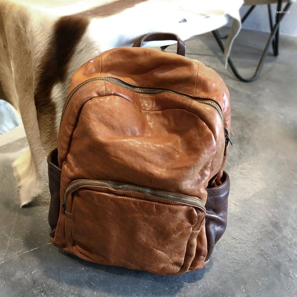 Handmade Leather Backpack for Men - Large Capacity Travel brown leather laptop backpack with Retro Brown Coffee Shoulder Strap