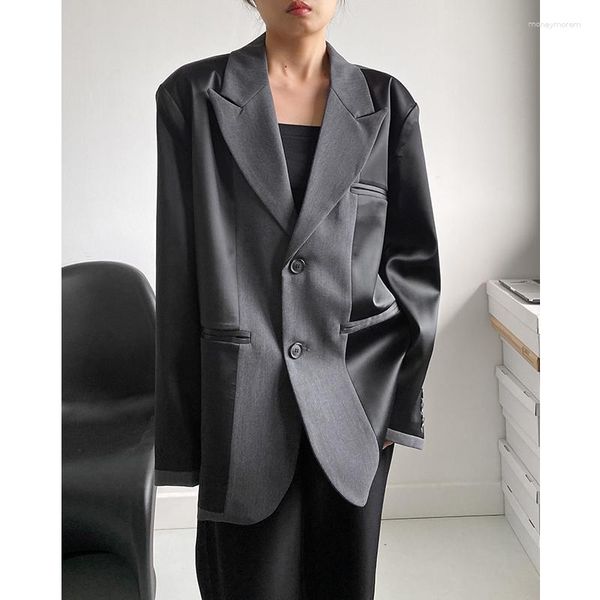 Ternos femininos superaen design coreano preto cinza retalhos cetim terno jaqueta solta drape blazer para mulher