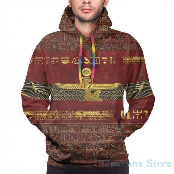 Herren-Kapuzenpullover, Herren-Sweatshirt für Damen, lustiges goldenes ägyptisches Gott-Ornament auf rotem Leder, bedruckt, lässiger Kapuzenpullover, Streetwear