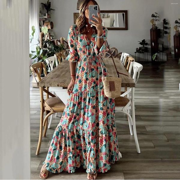 Casual Kleider Modische Retro Bohemian Hohe Taille Spitze Up Langes Kleid 2023 Sommer Damen Urlaub V-ausschnitt Druck Große Schaukel maxi