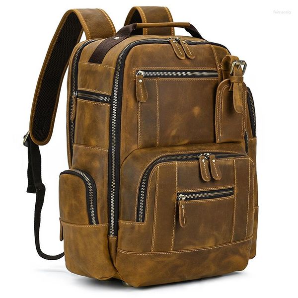 Рюкзак мужской ретро сумасшедшая кожаная кожаная сумка для школьной школьной сумки с большим количеством головы.