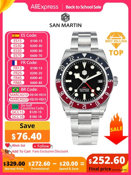 Armbanduhren San Martin NH34 GMT Herren Luxusuhr Bidirektionale Aluminiumlünette Automatische mechanische Saphir 100M Wasserdicht Datum 230824