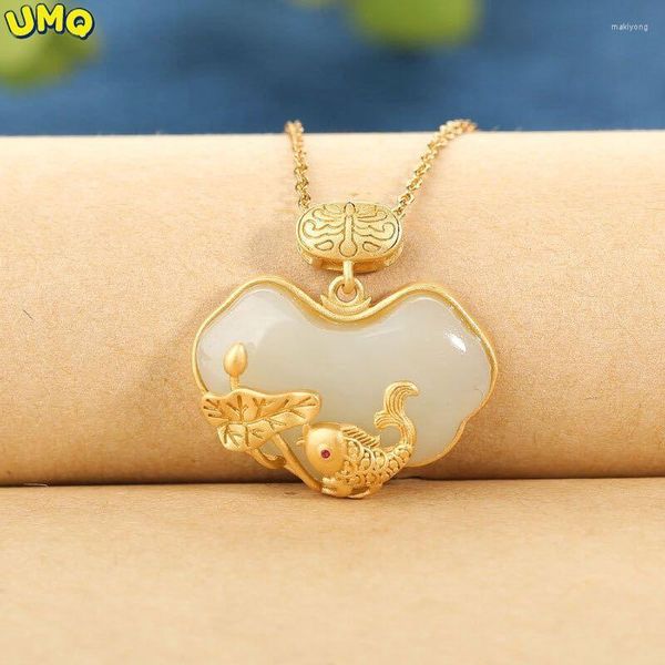 Ketten kopieren echtes Gold 24k 999 Vergoldung Vererbung Hetian White Jade Leaf Fish Lock Anhänger weiblich reiner 18K Schmuck