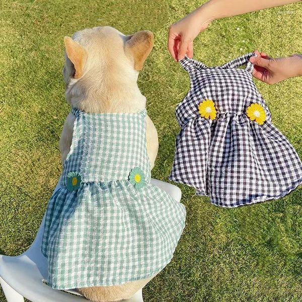 Cão vestuário xadrez suspensórios saia roupas vestido girassol cães roupas moda kawaii pequeno animal de estimação traje primavera verão ropa para perro