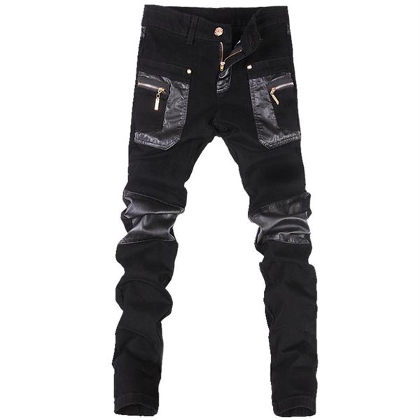 Bütün- Kore tarzı serin moda erkek punk pantolon deri fermuarlar siyah renk sıkı skenny artı boyut 33 34 36 rock pantolon300c