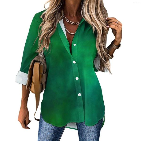 Blusas femininas verde galáxia blusa feminina estrelada impressão rua wear solto verão manga longa camisa elegante design topos tamanho grande 2xl 3xl