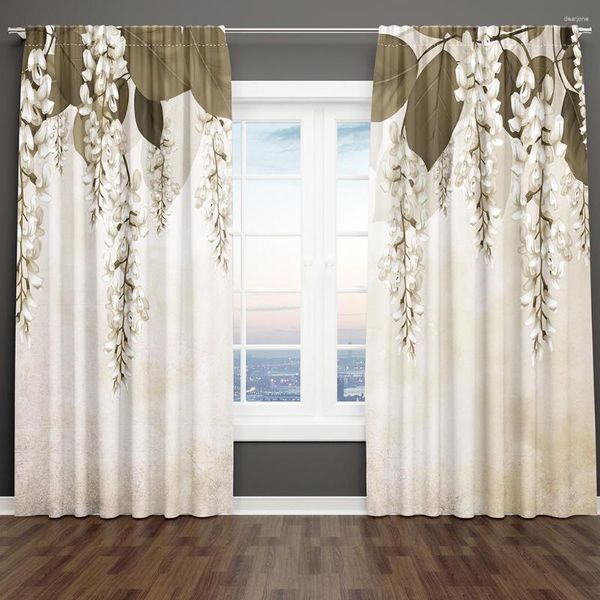 Cortina elegante primavera flores cinza branco plantas verde 2 peças fina janela cortina para sala de estar quarto decoração