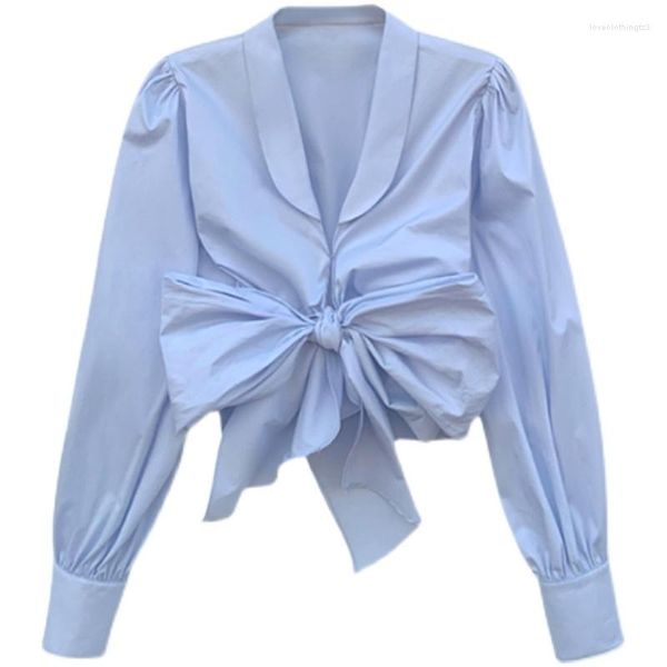 Camicette da donna Camicia con fiocco Bowknot Estate/Primavera 2023 Top Blu a maniche lunghe Design Sense Small And Tops